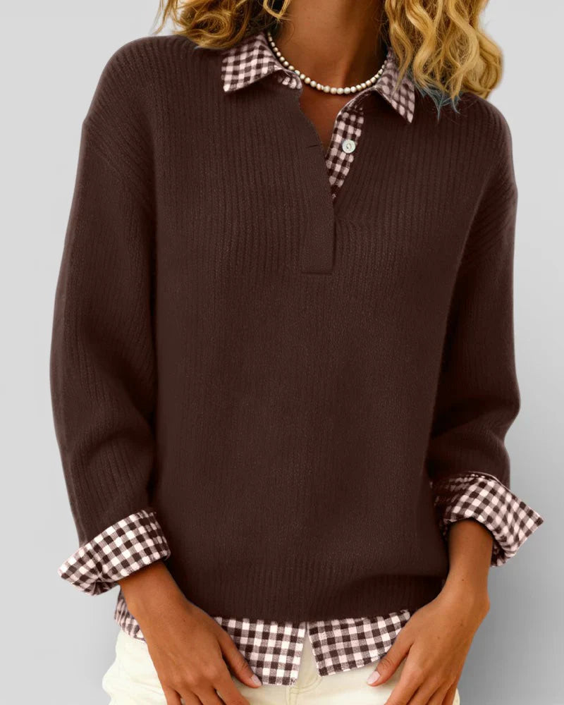 Emily – Knit Sweater with Plaid Shirt Detail