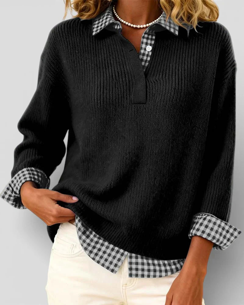 Emily – Knit Sweater with Plaid Shirt Detail
