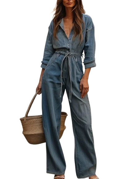 Elara - Denim Jumpsuit with Drawstring Waist and Long Sleeves