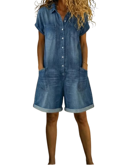 Elvora | Denim Playsuit with Collar and Short Sleeves