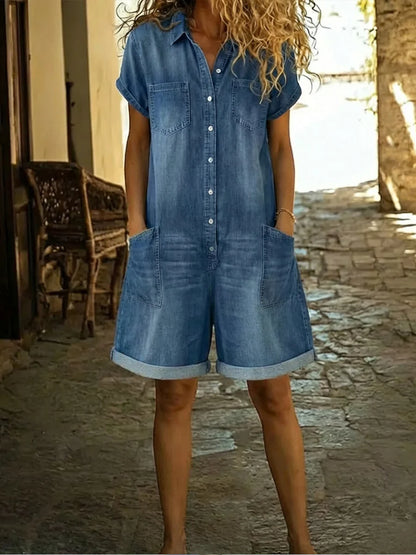 Elvora | Denim Playsuit with Collar and Short Sleeves