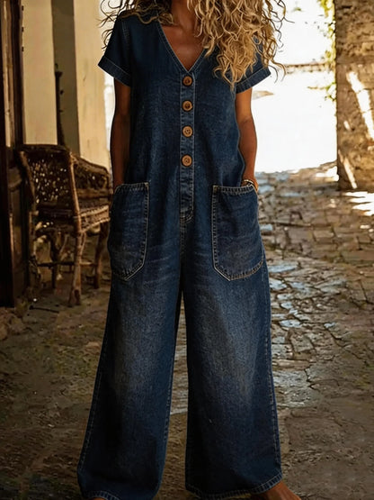 Chloe - Denim Jumpsuit with V-Neck and Short Sleeves