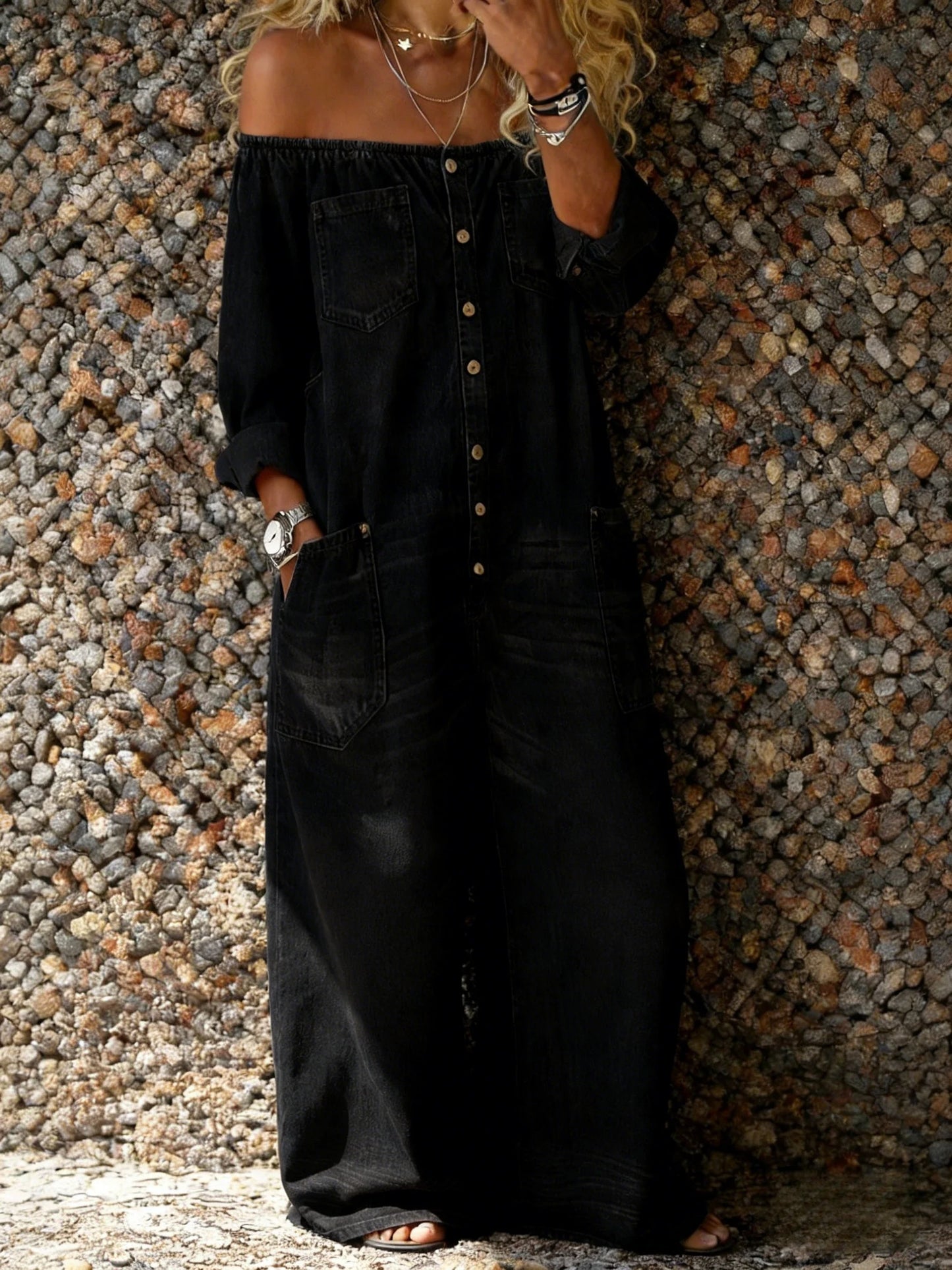 Chloe - Off-Shoulder Denim Jumpsuit