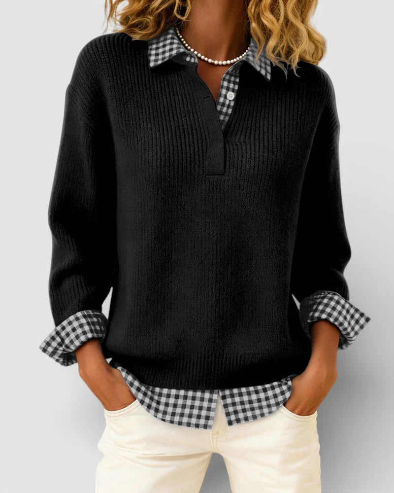 Emily – Knit Sweater with Plaid Shirt Detail