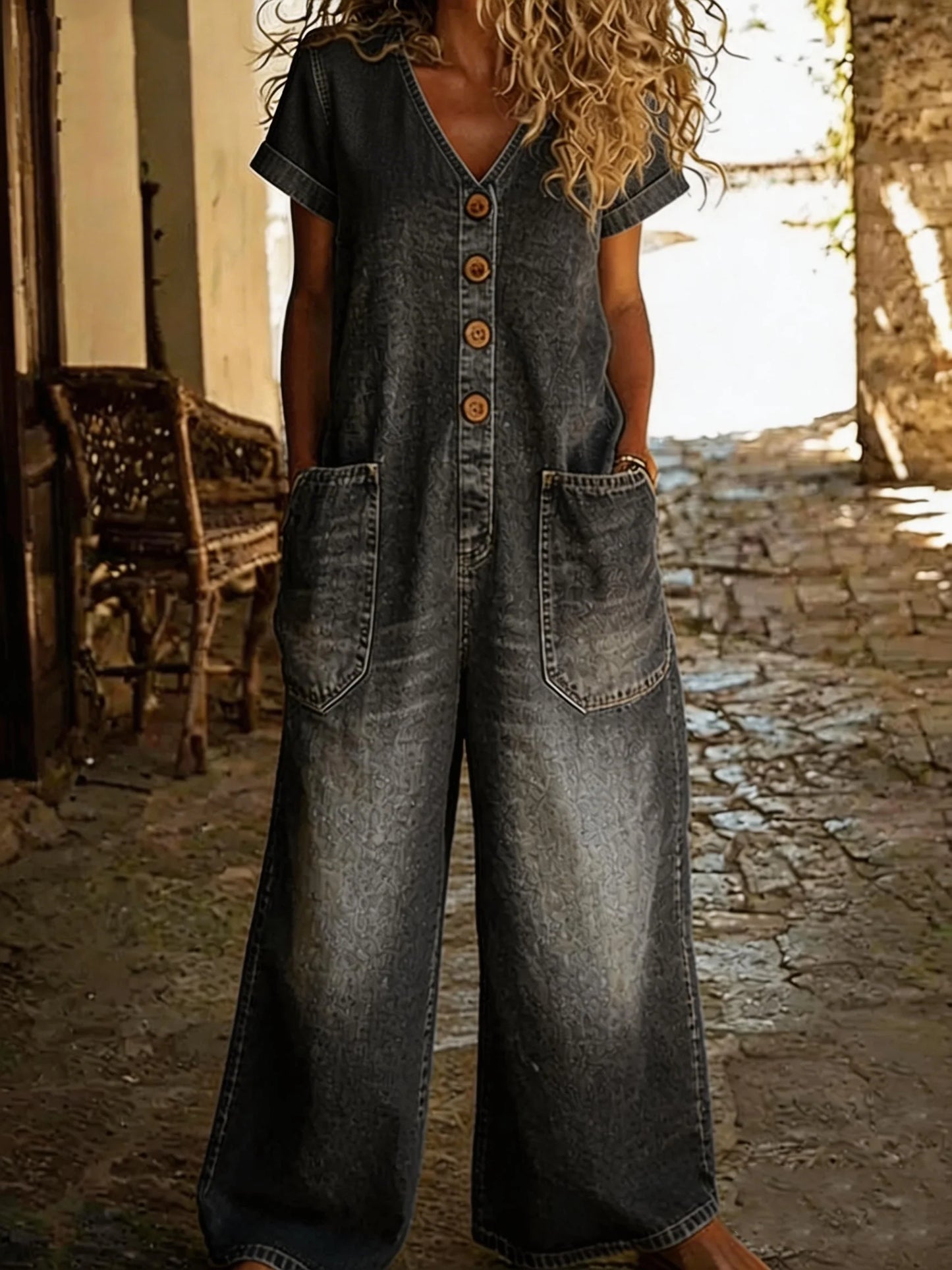 Chloe - Denim Jumpsuit with V-Neck and Short Sleeves