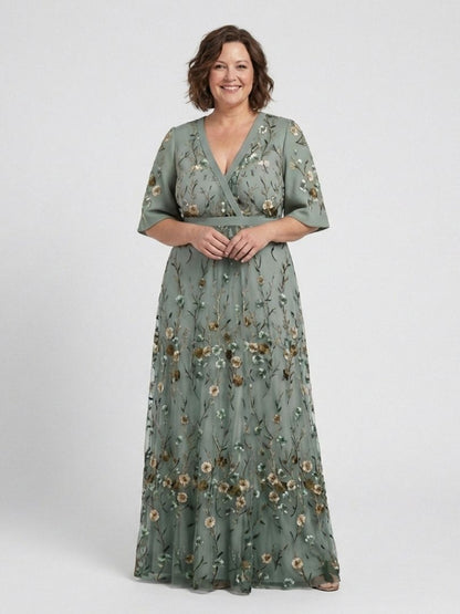 ARVELYNE™  | Floral V Neck Short Sleeve Maxi Dress