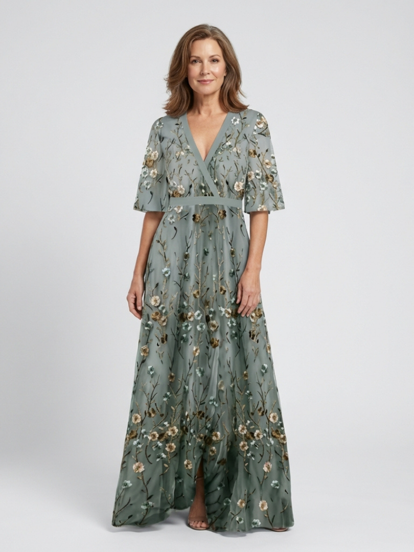 Bethany™  | Floral V Neck Short Sleeve Maxi Dress