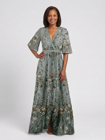 ARVELYNE™  | Floral V Neck Short Sleeve Maxi Dress
