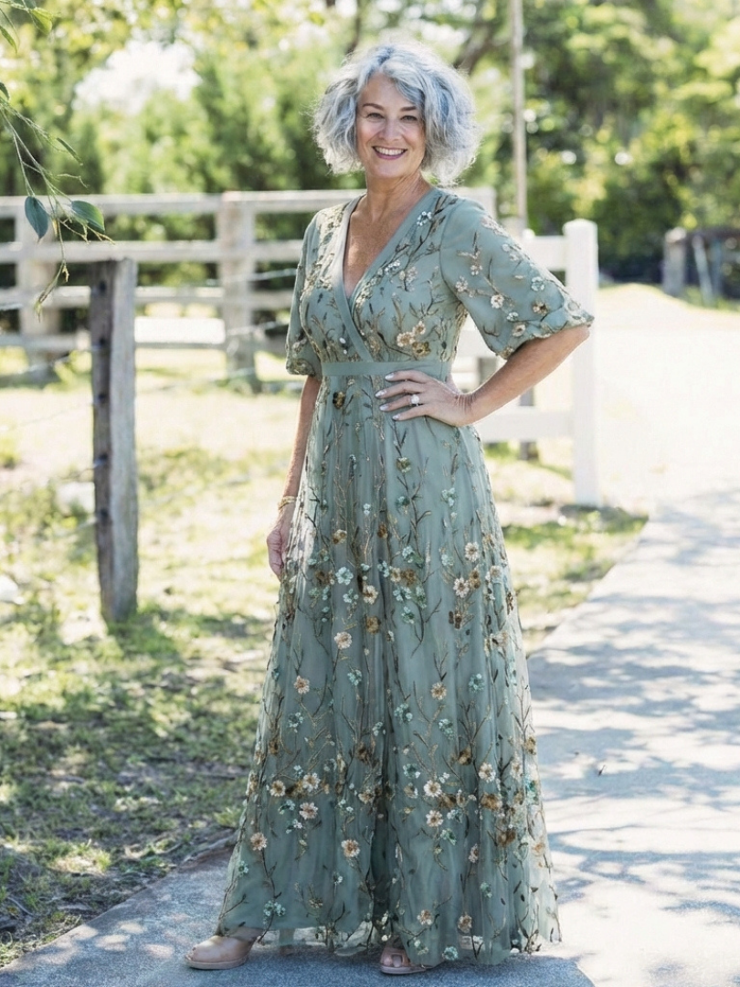 Bethany™  | Floral V Neck Short Sleeve Maxi Dress