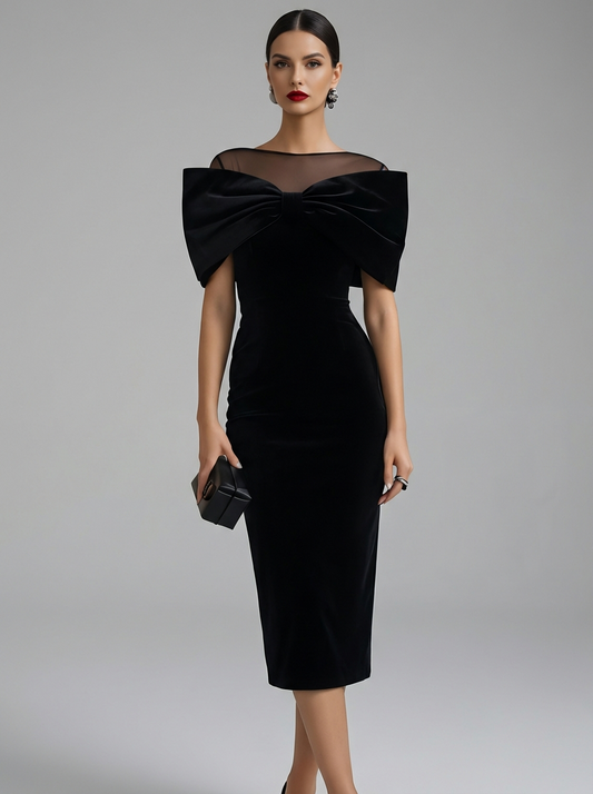 AERION | Black Velvet Midi Dress with Statement Bow