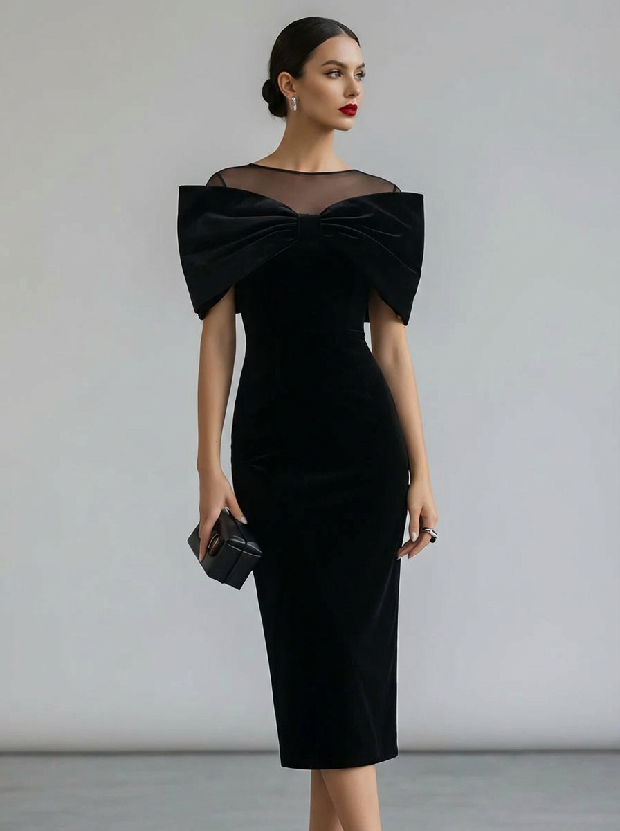 AERION | Black Velvet Midi Dress with Statement Bow