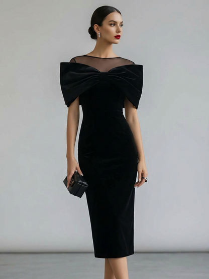 AERION | Black Velvet Midi Dress with Statement Bow