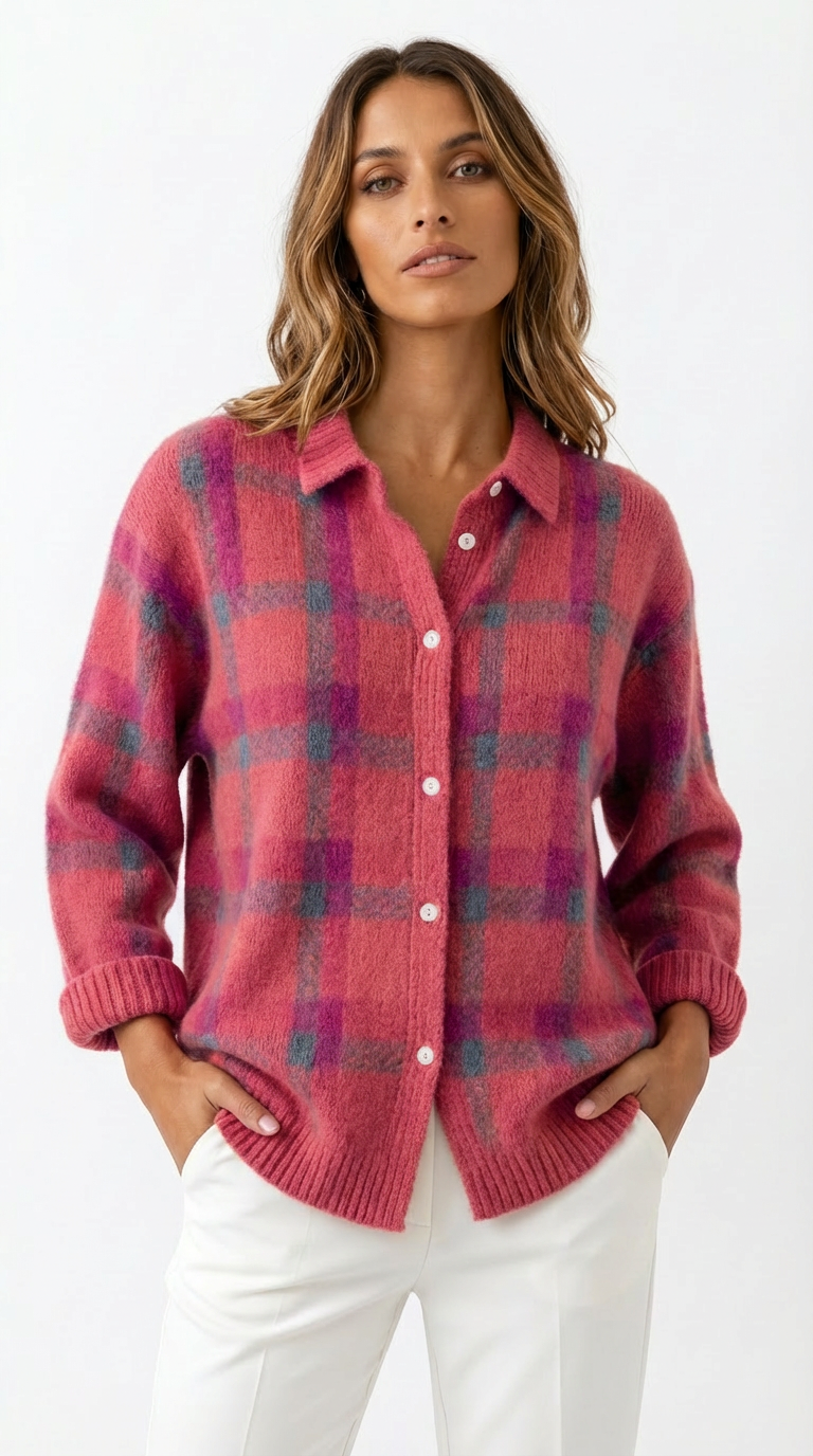 Elara™ | Soft Check Knit Cardigan