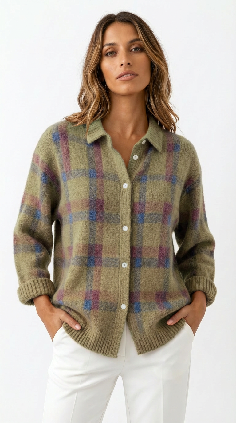 Elara™ | Soft Check Knit Cardigan