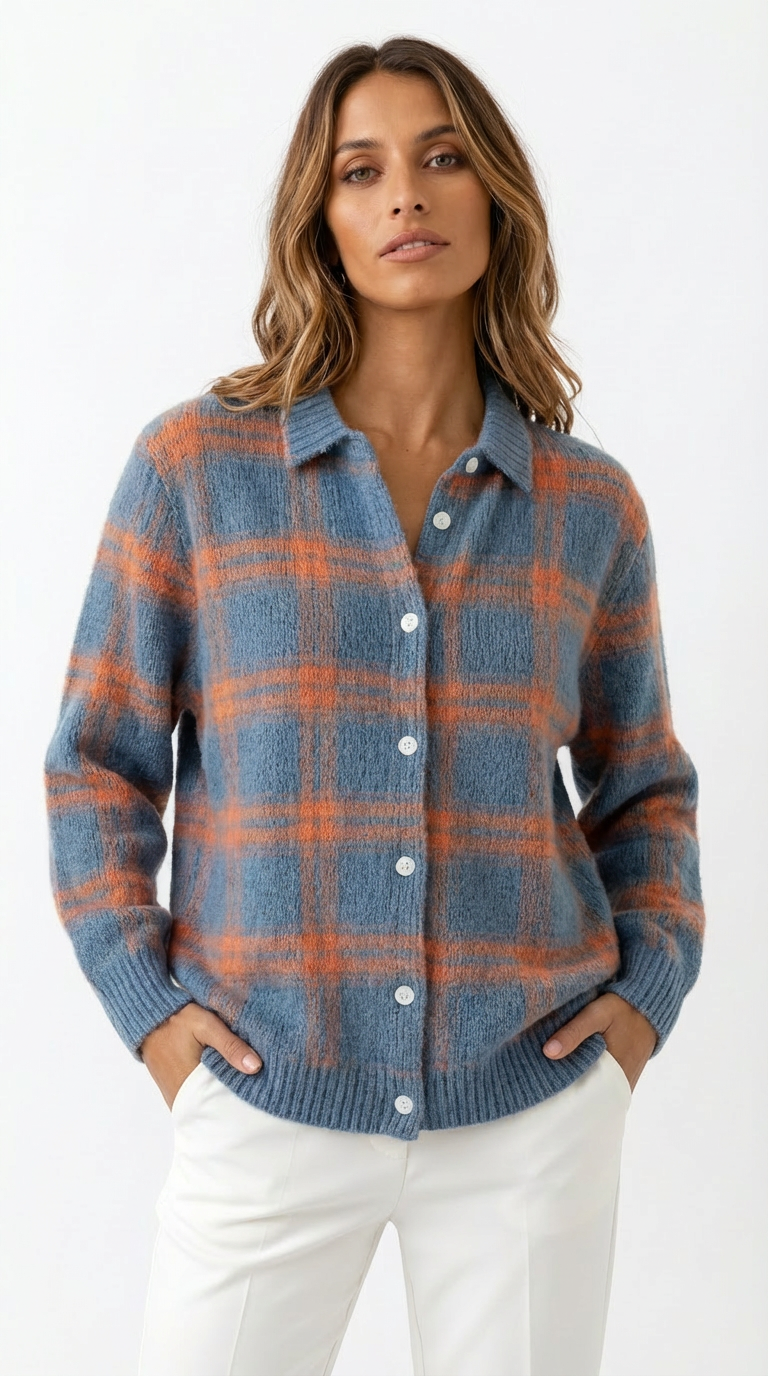 Elara™ | Soft Check Knit Cardigan