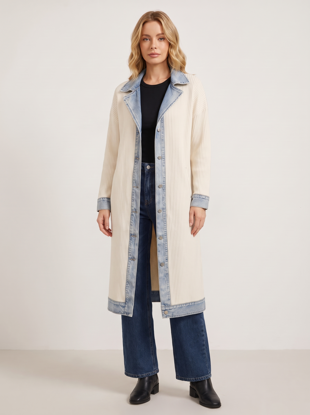 Kensington Denim-Trim Ribbed Knit Longline Coat