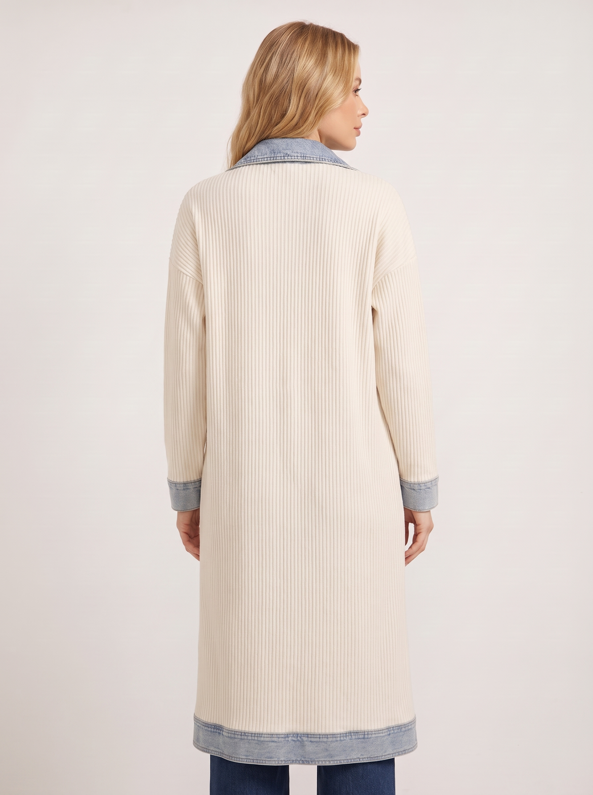 Kensington Denim-Trim Ribbed Knit Longline Coat