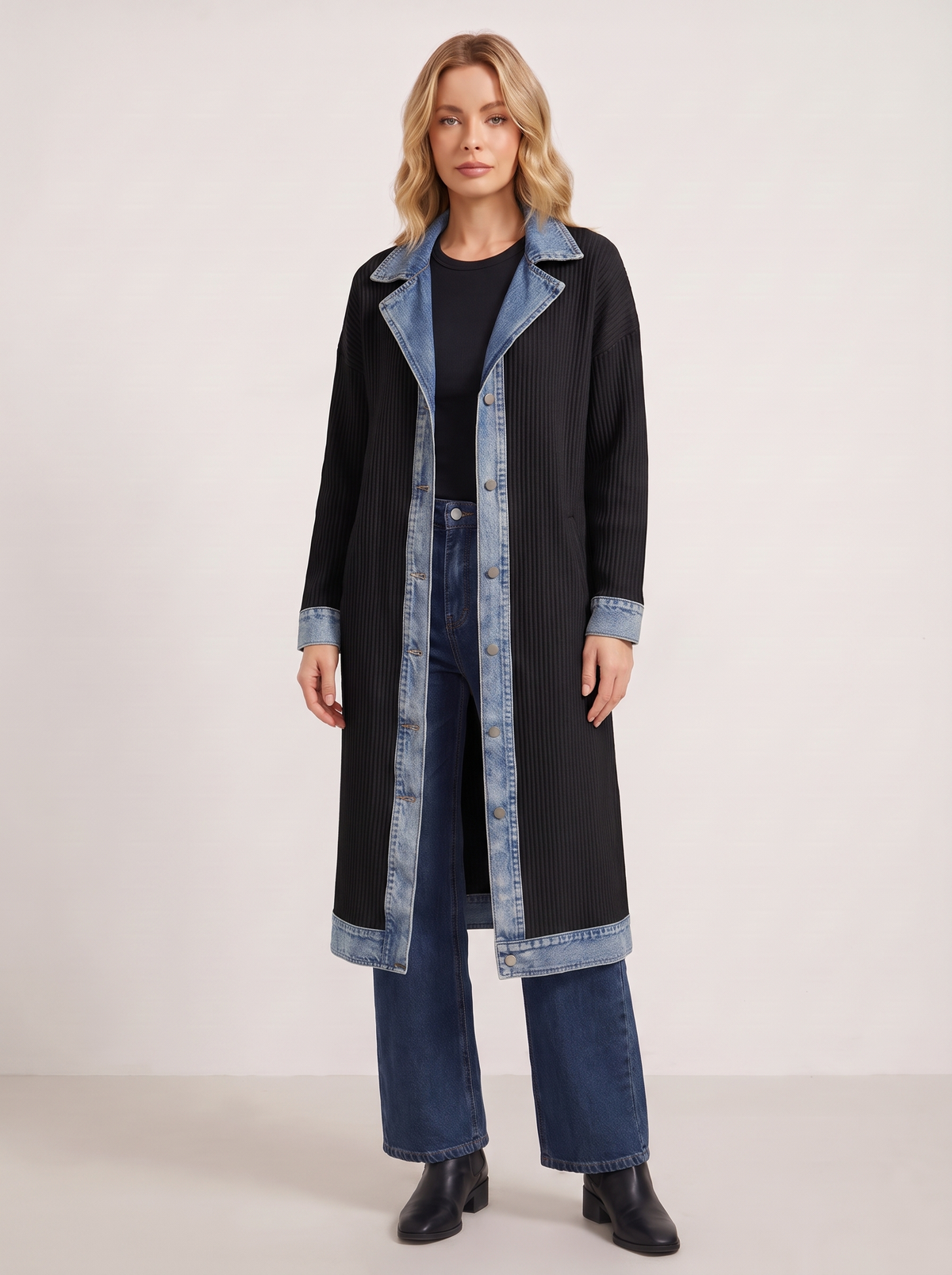Kensington Denim-Trim Ribbed Knit Longline Coat
