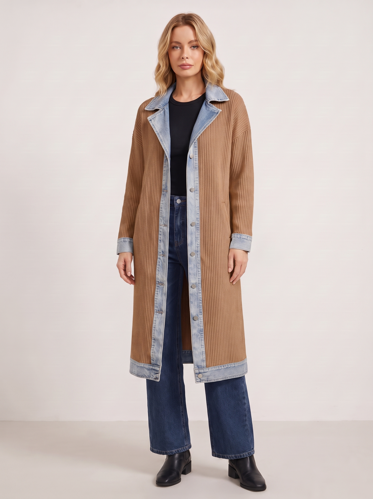 Kensington Denim-Trim Ribbed Knit Longline Coat