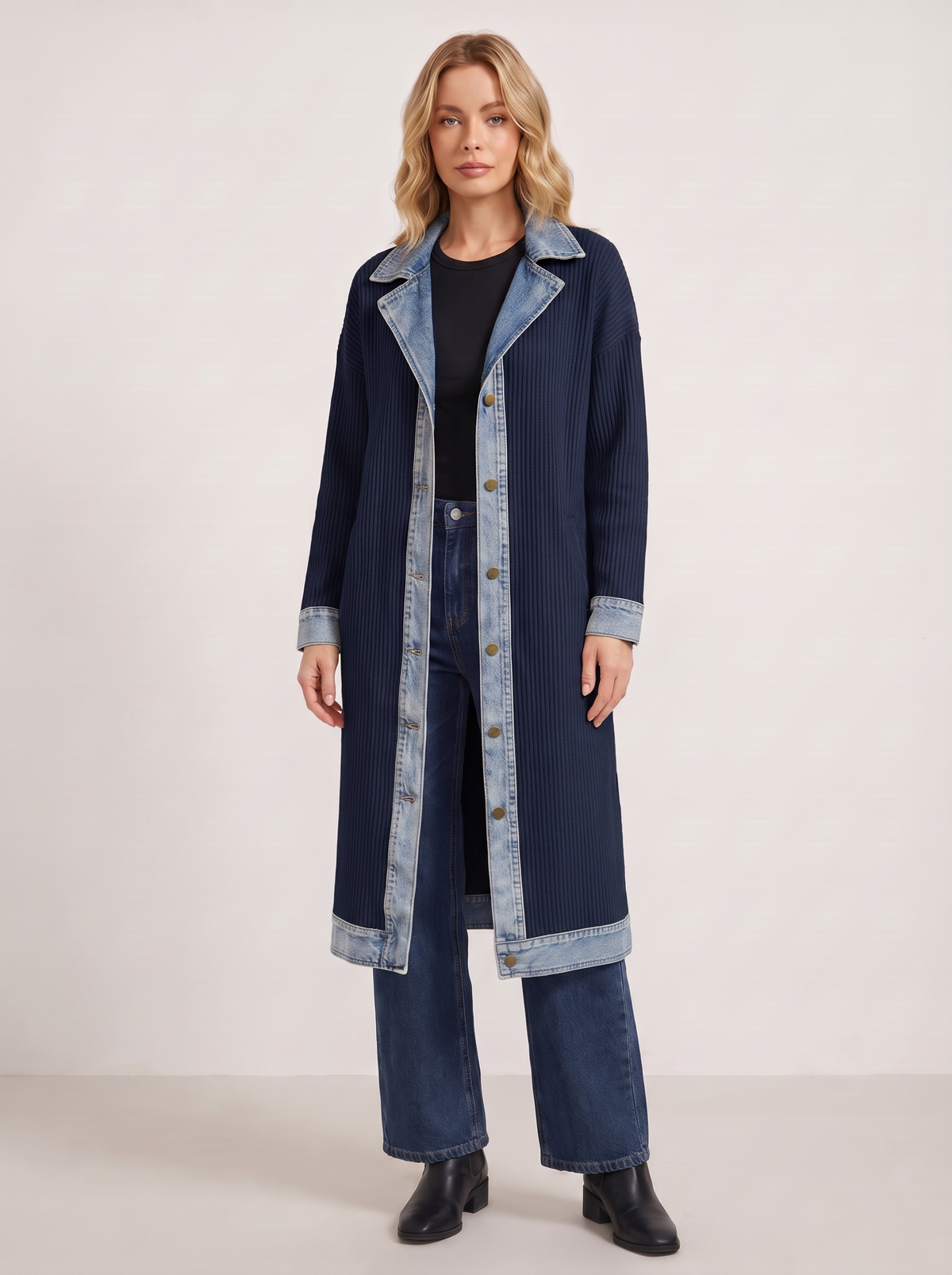 Kensington Denim-Trim Ribbed Knit Longline Coat