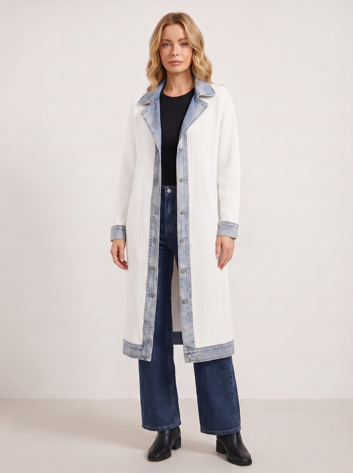 Kensington Denim-Trim Ribbed Knit Longline Coat