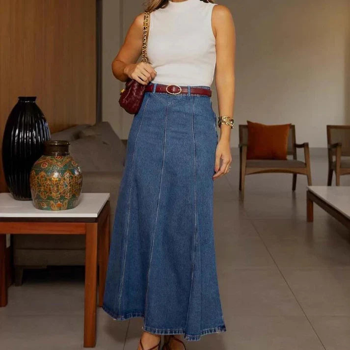 Mia – High-Waisted A-Line Midi Denim Skirt